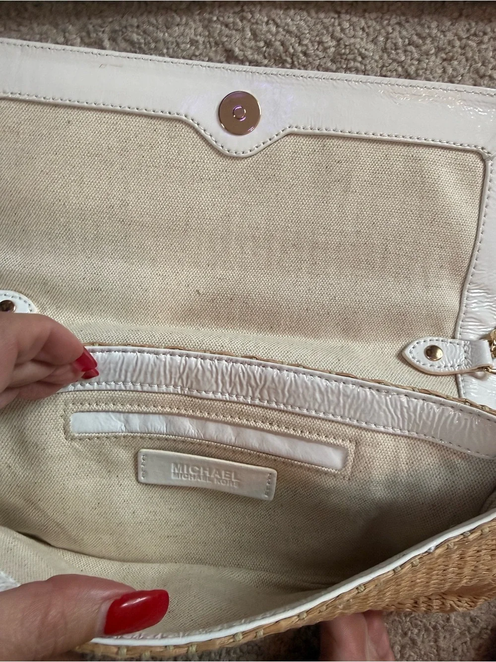 Michael Kors Natural Straw Shoulder Bag with White Trim & Gold Chain